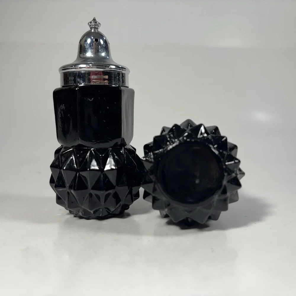 Set of Tiara Black Pressed Glass Salt N Pepper Shakers with Only One Chrome Lid